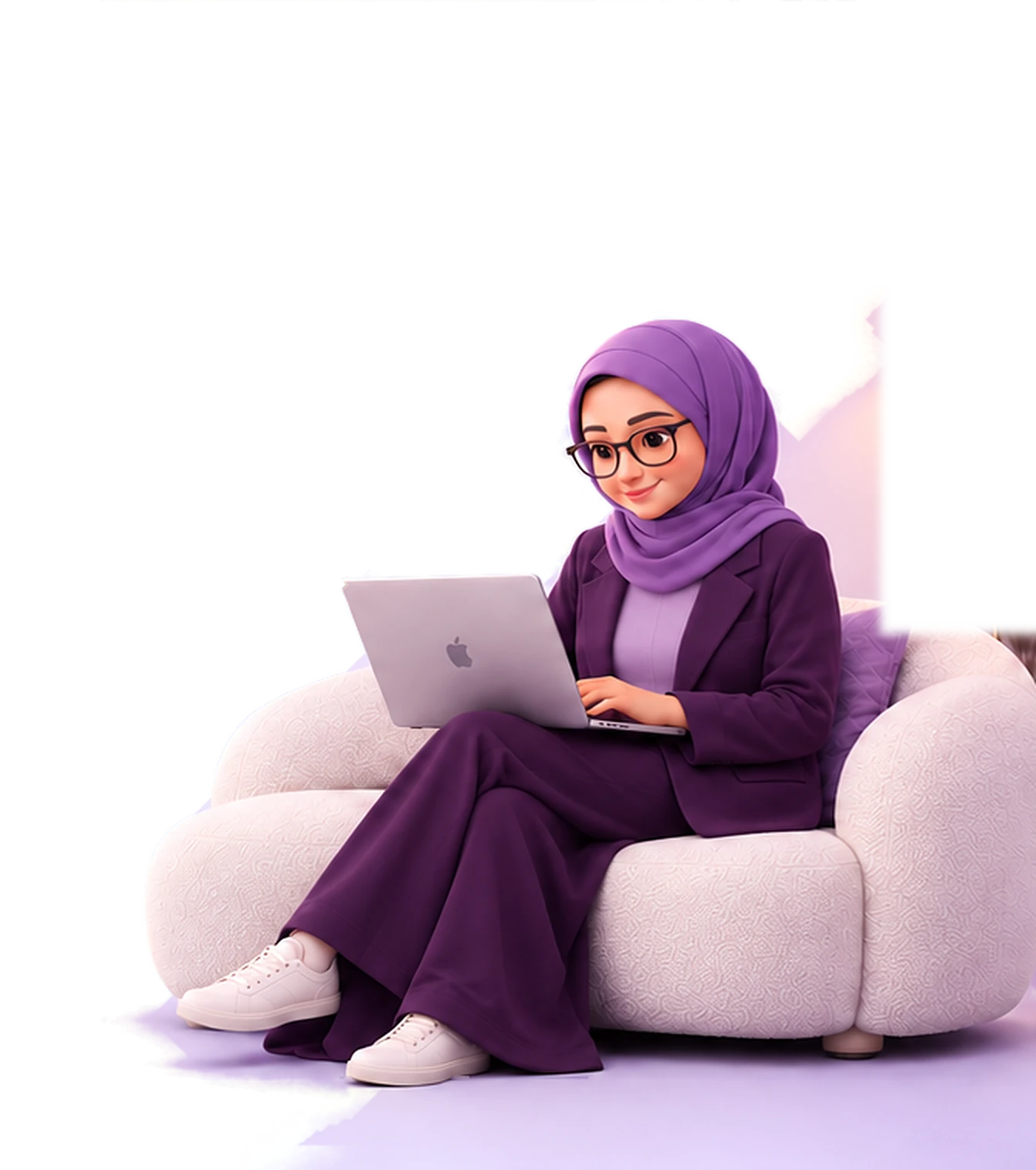 Sabeen's 3D character in a plum suit and lilac hijab, working on a laptop on a white bouclé sofa