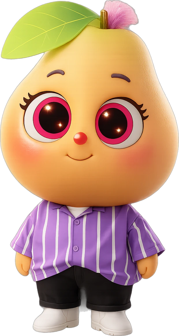 Guavi, the Guava Slice Games mascot, in his purple striped shirt