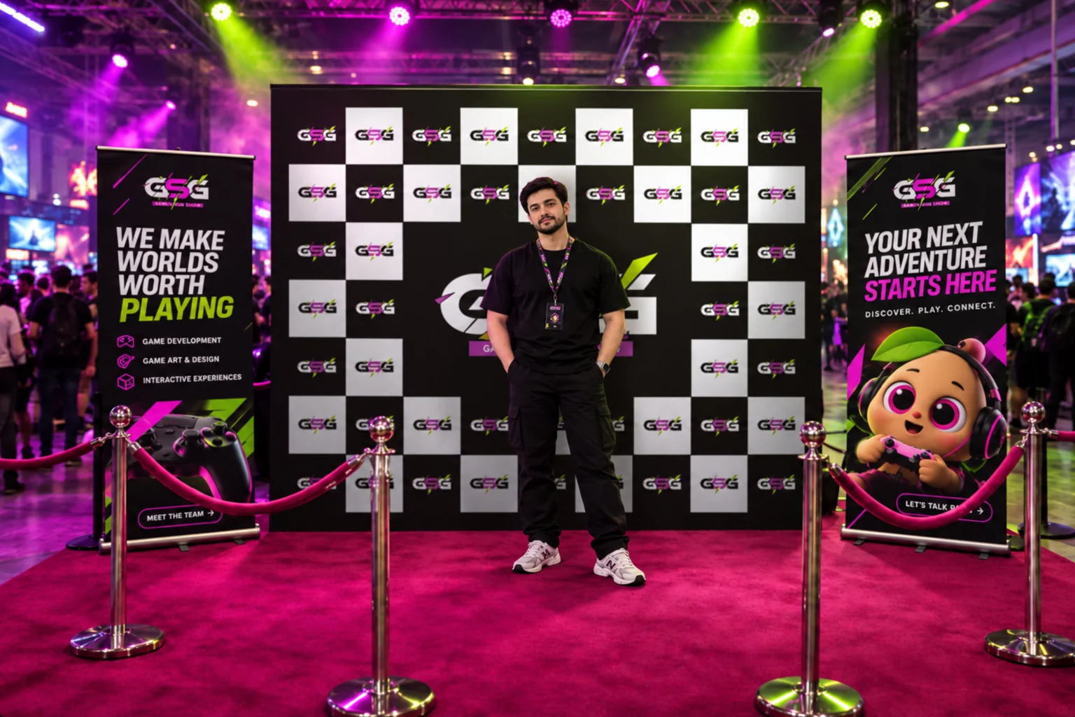 GSG event booth with step-and-repeat backdrop, two roll-up banners and a volunteer in a GSG tee