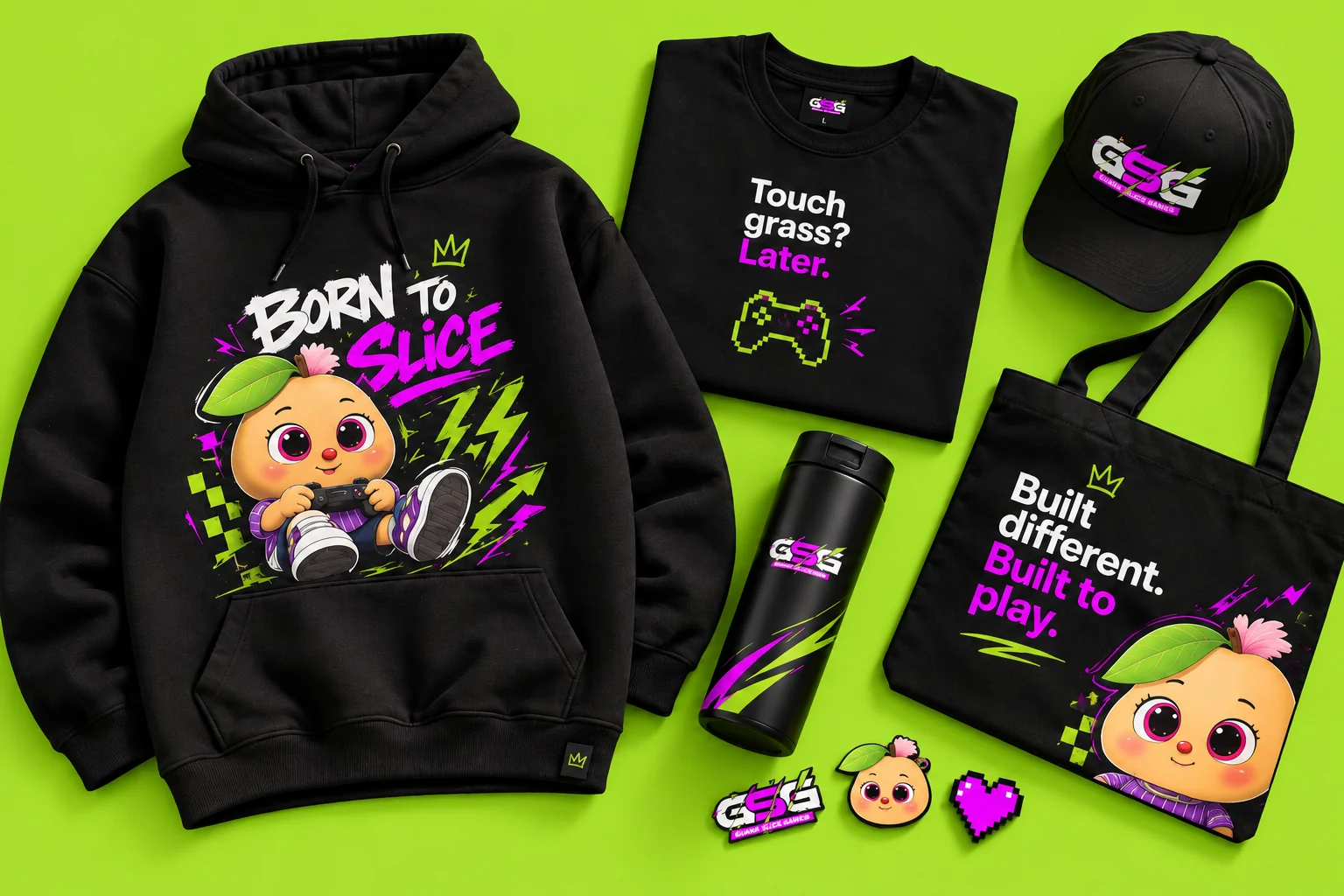 GSG merch on lime: Born to Slice hoodie, Touch Grass tee, cap, Built Different tote, tumbler and pins