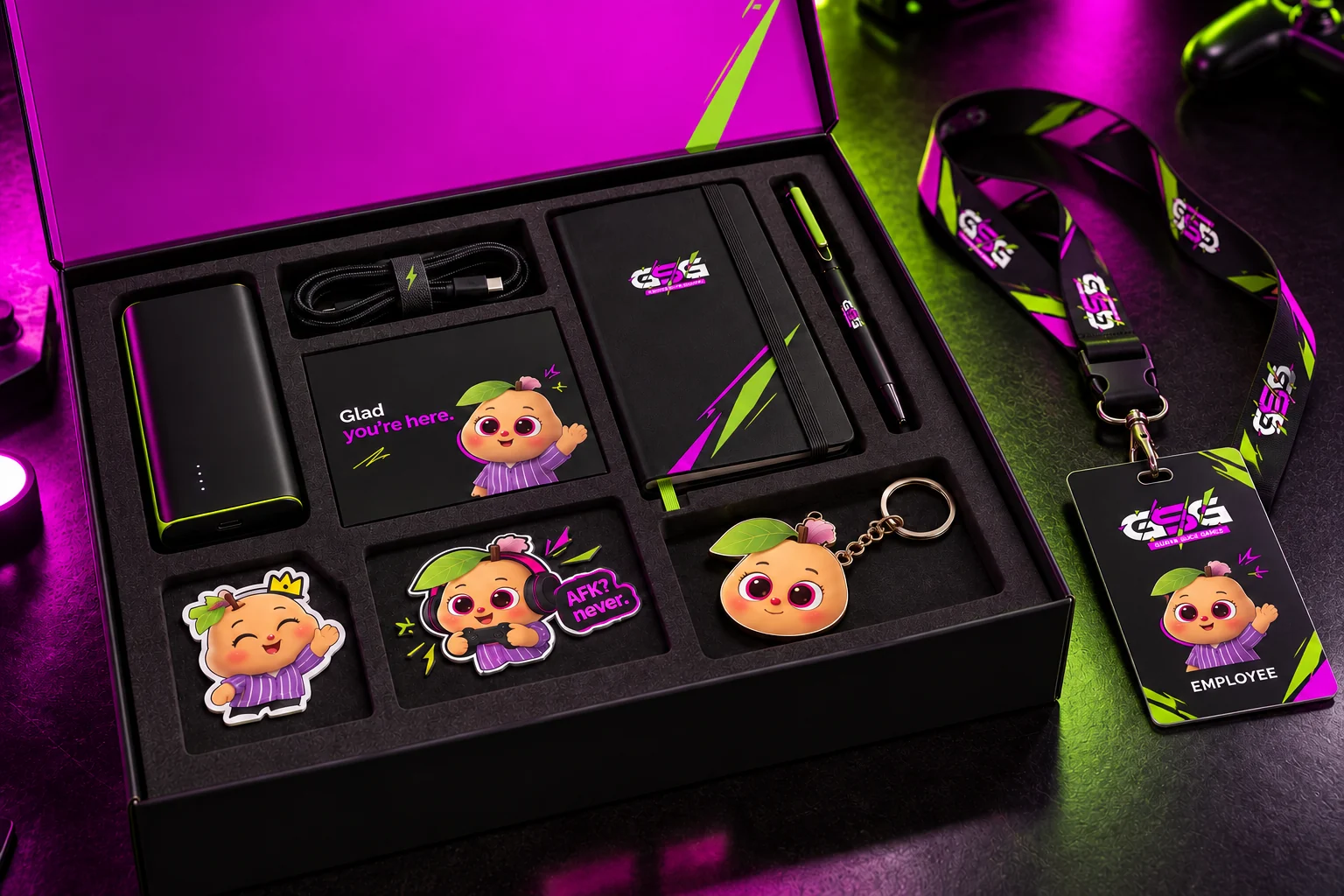 GSG welcome kit: power bank, cable, welcome card, notebook, pen, stickers, keychain and employee badge