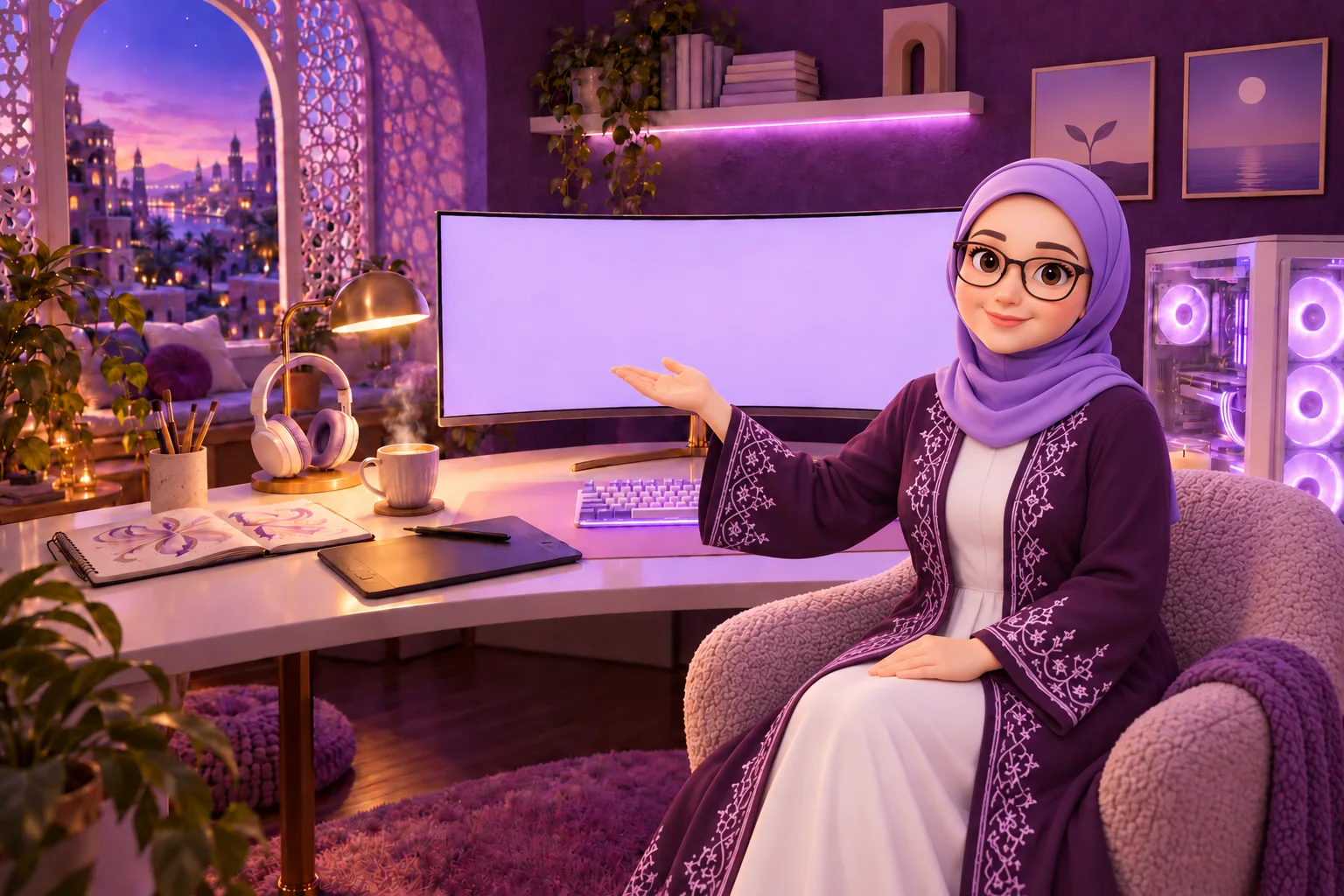 Sabeen at her desk in a lavender studio, inviting you to look at her screen